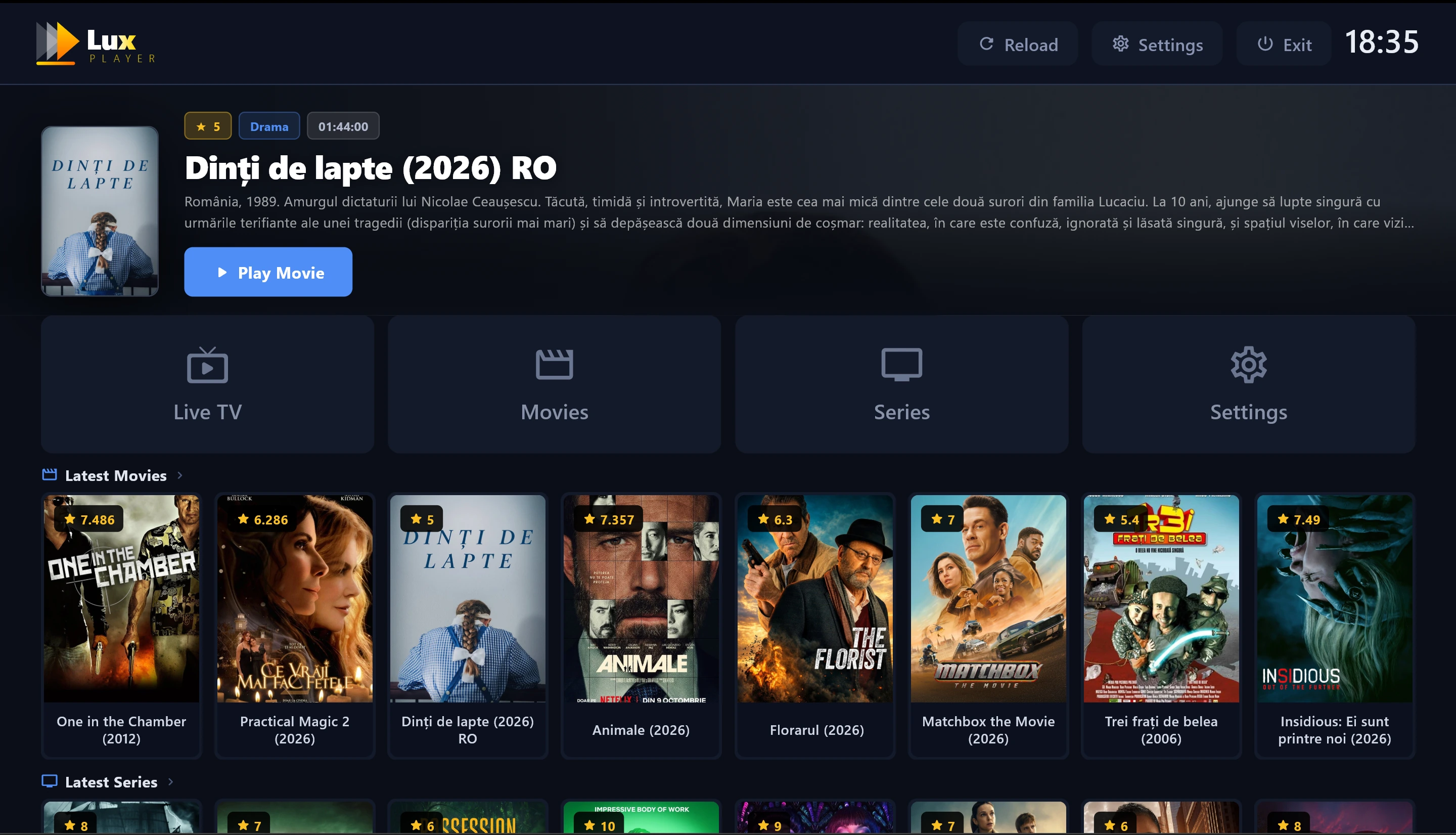 Lux Player: interfața Home pentru TV live, filme și seriale