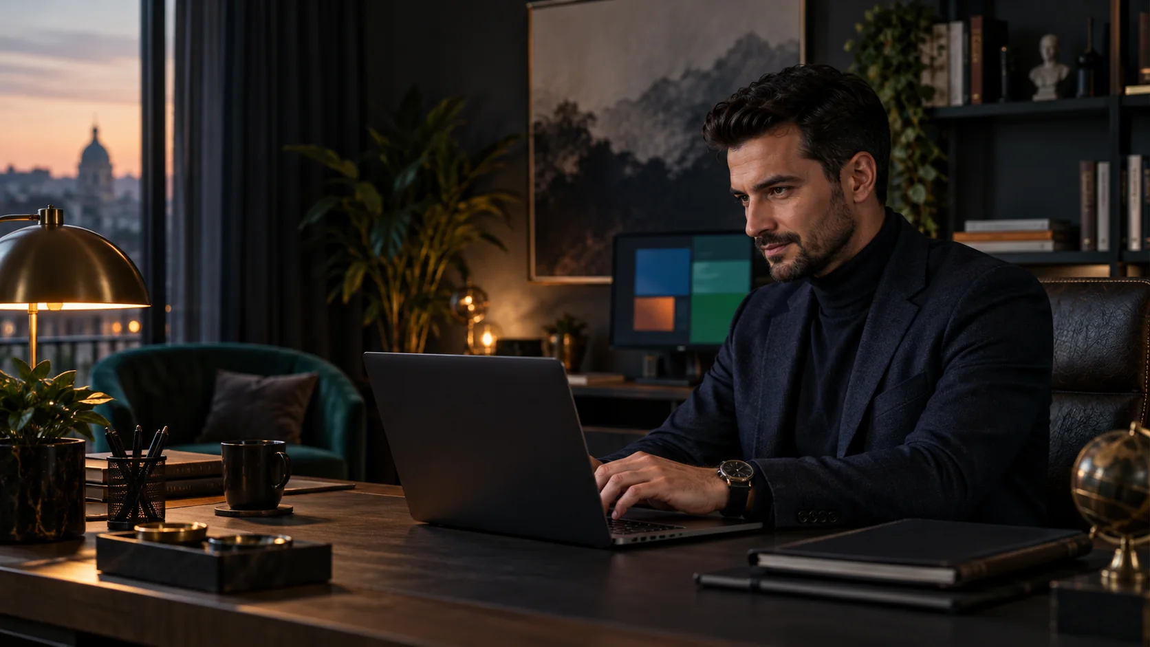 Activitate la un birou cu laptop; ilustrație originală pentru oferta reseller
